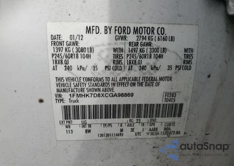 2012 Ford Explorer Xlt from USA, damaged, VIN 1FMHK7D8XCGA98869
